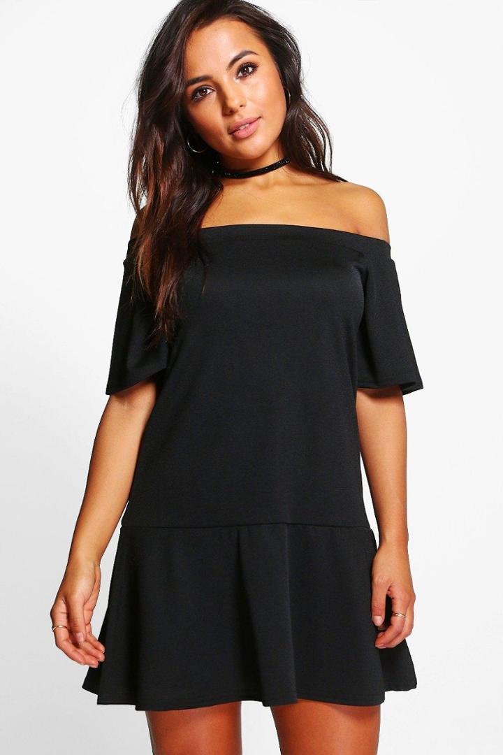 Boohoo Petite Georgette Drop Hem Off The Shoulder Dress Black