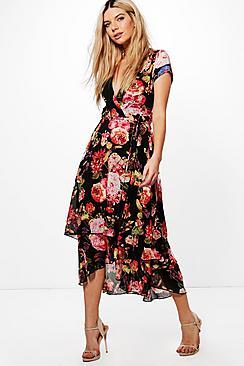 Boohoo Mallory Chiffon Ruffle Floral Print Midi Dress