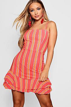 Boohoo Mae Tie Back Ruffle Hem Striped Tea Dress