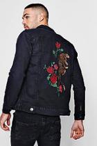 Boohoo Washed Black Denim Jacket With Tiger Embroidery