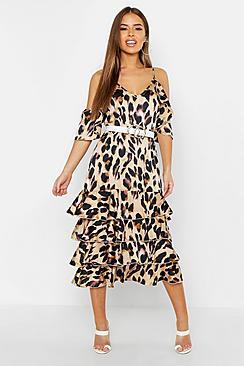 Boohoo Petite Leopard Print Ruffle Midi Dress