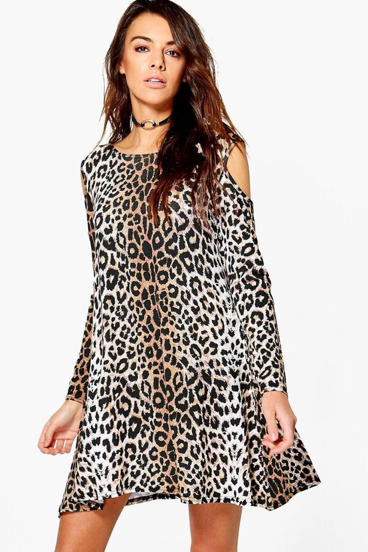 Boohoo Ri Cold Shoulder Leopard Print Swing Dress Multi