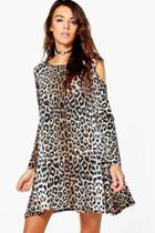 Boohoo Ri Cold Shoulder Leopard Print Swing Dress Multi