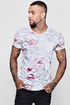 Boohoo Lily Print Longline Curved Hem T-shirt