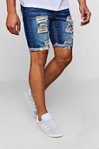 Boohoo Skinny Fit Mid Blue Denim Shorts With Rips
