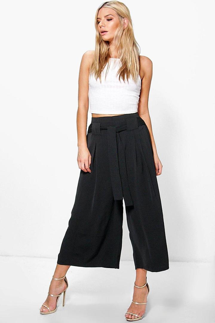 Boohoo Roza Belted Woven Wide Leg Culottes Black
