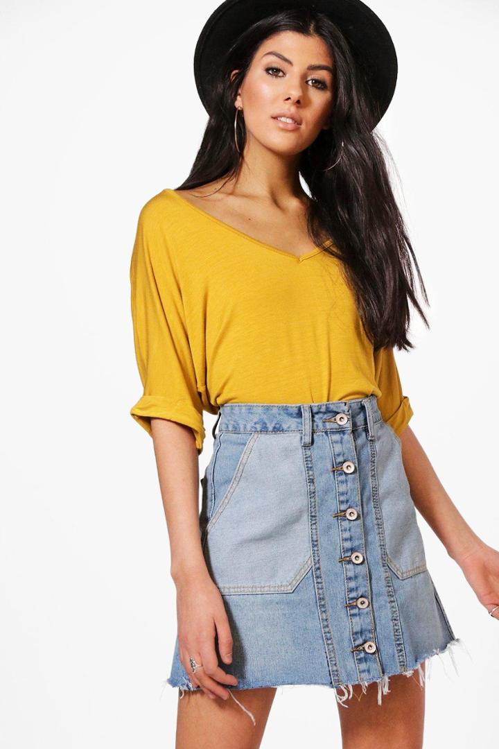Boohoo Eve Contrast Pocket Button Through Denim Skirt Blue