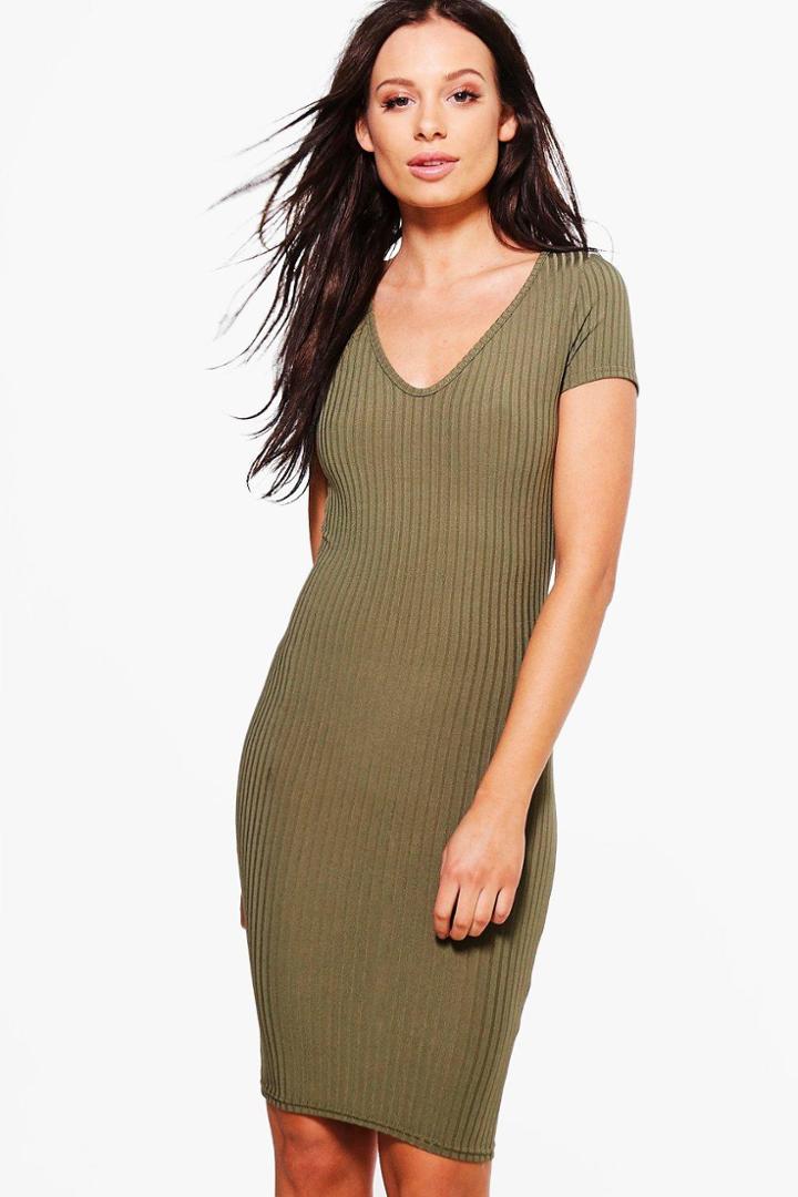 Boohoo Alessa V Neck Cap Sleeve Bodycon Dress Khaki