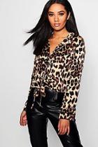 Boohoo Petite Leopard Print Satin Tie Front Shirt