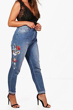 Boohoo Plus Lianne Floral Embroidered Turn Up Cuff Mom Jeans