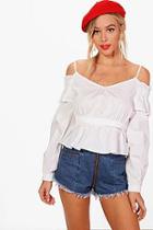 Boohoo Woven Cold Shoulder Ruffle Crop