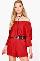 Boohoo Diana Double Frill Off The Shoulder Playsuit Rust