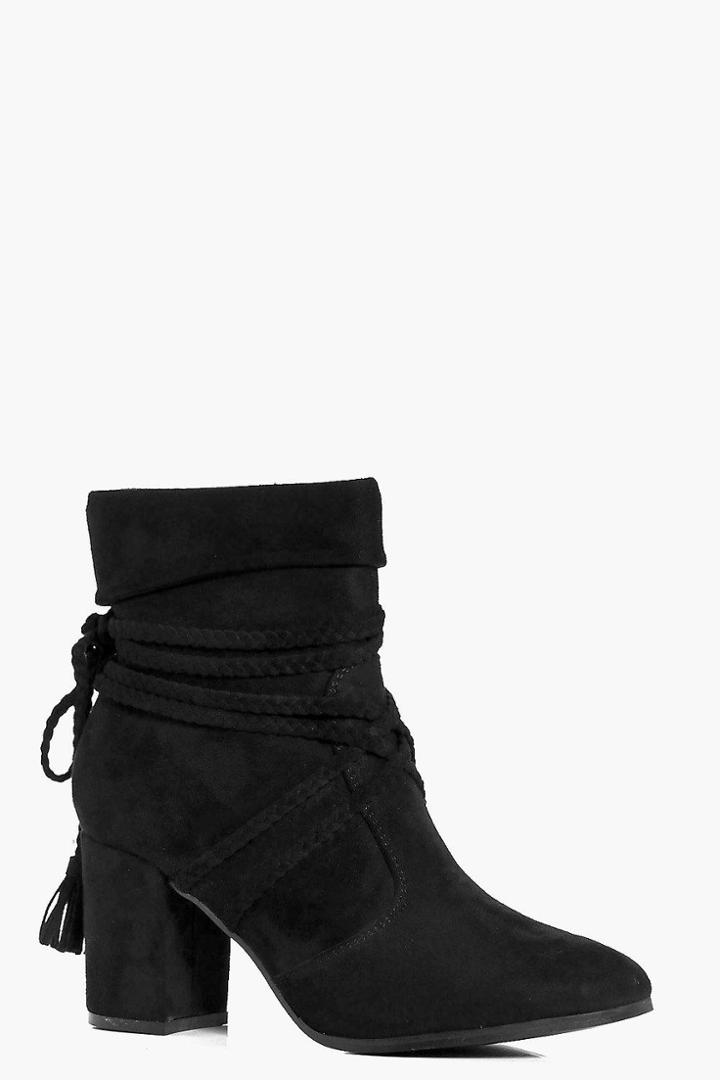 Boohoo Emilia Plaited Wrap Strap Block Heel Boot Black