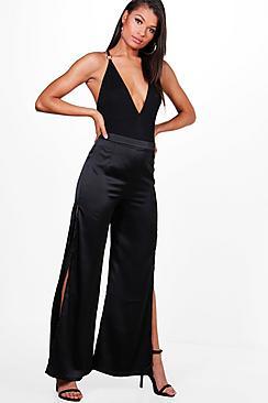 Boohoo Neave Satin Side Split Wide Leg Trousers