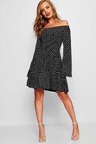 Boohoo Petite Spot Print Bardot Skater Dress