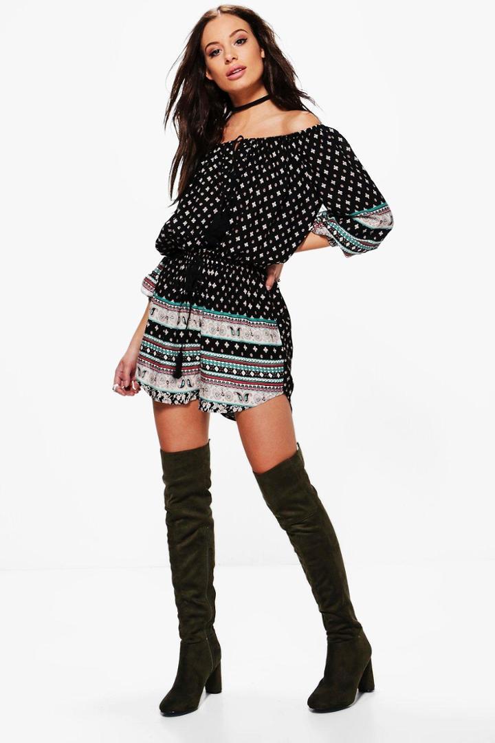 Boohoo Emily Off Shoulder Printed Playsuit Multi