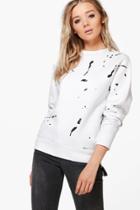 Boohoo Emma Splatter Print Zip Detail Crew Neck Sweat White
