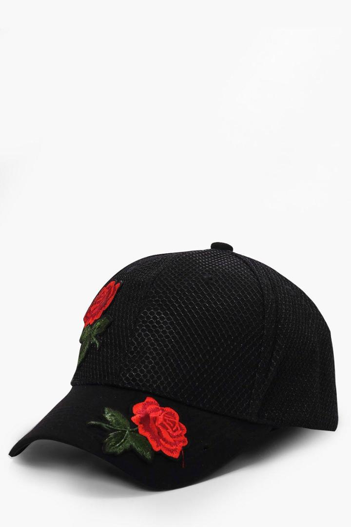 Boohoo Black Rose Embroidered Mesh Cap Black