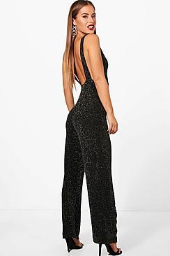 Boohoo Petite Kate Shimmer Plunge Wide Leg Jumpsuit