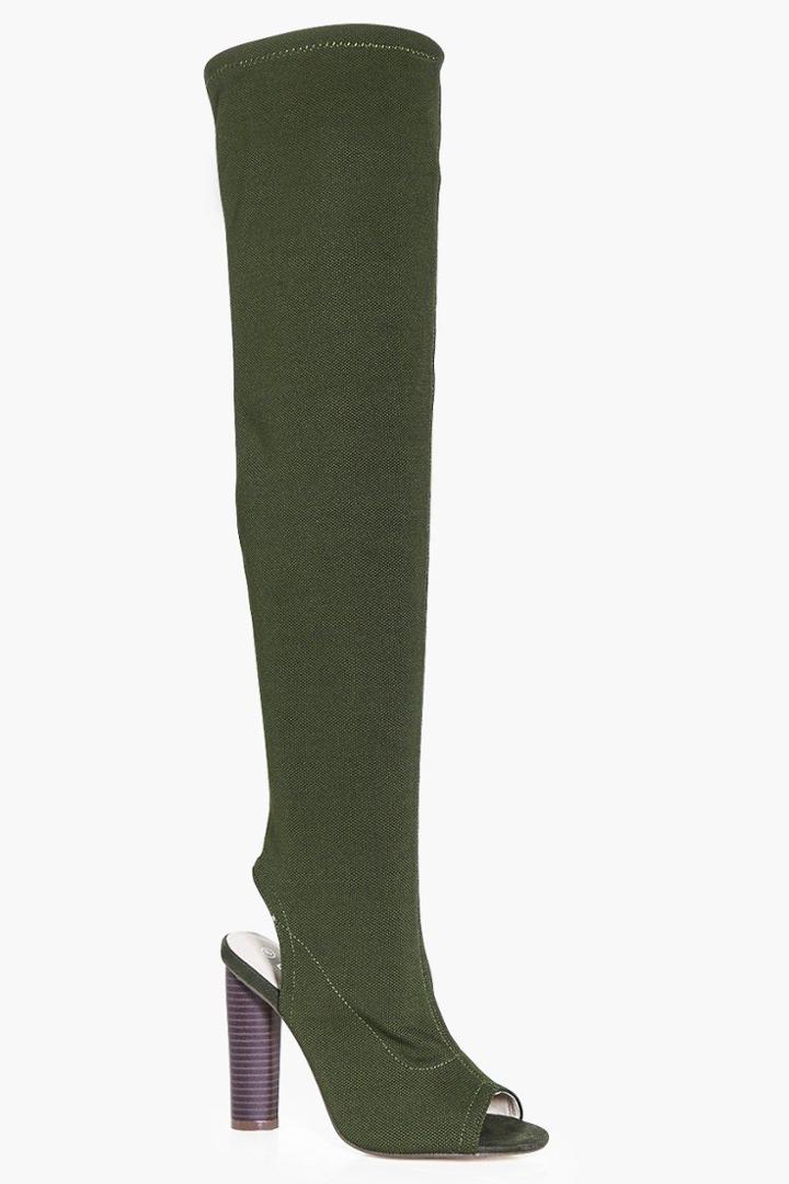 Boohoo Lena Knitted Peeptoe Over The Knee Boot Khaki