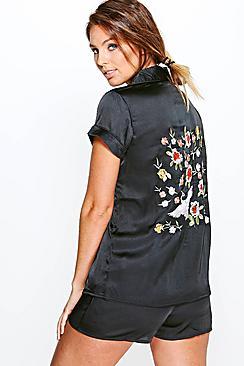 Boohoo Ellie Boutique Embroidered Satin Shirt + Shorts Set
