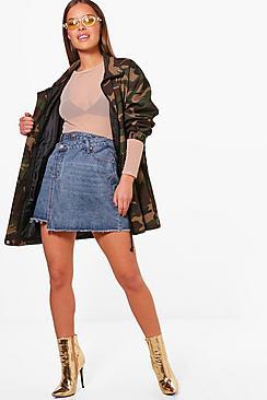 Boohoo Petite Ashlee Double Waistband Denim Skirt