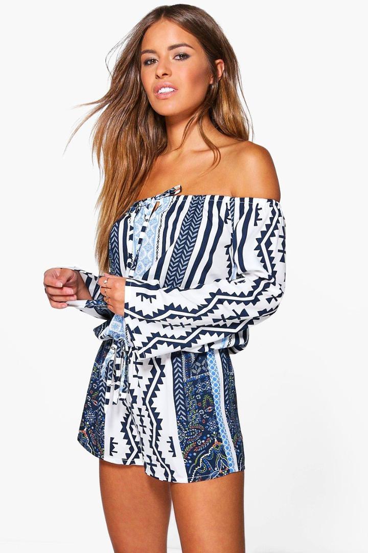 Boohoo Petite Olivia Printed Off The Shoulder Playsuit Multi