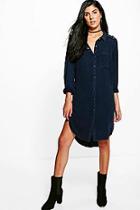 Boohoo Amy Dark Navy Lace Up Shoulder Denim Shirt Dress
