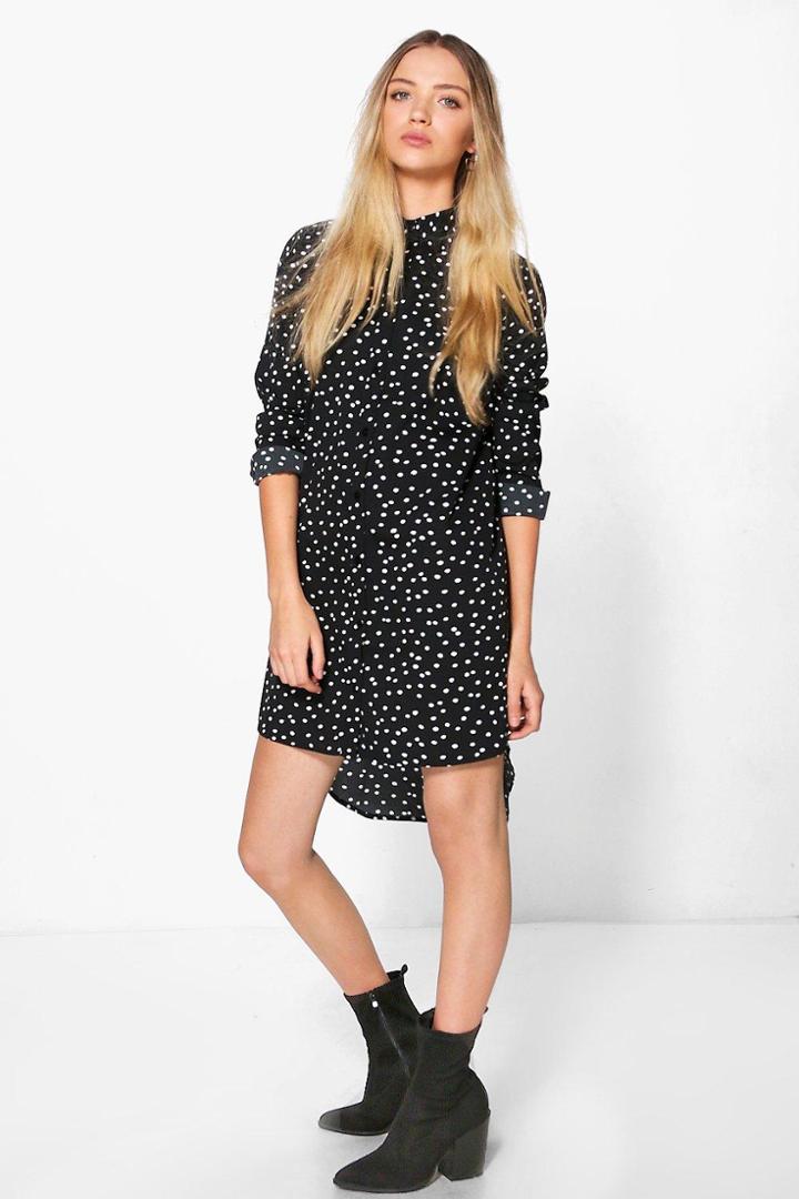 Boohoo Alena Long Sleeved Spot Shirt Dress Black
