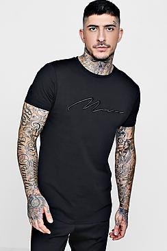Boohoo Curve Hem Longline Man Embroidered T-shirt