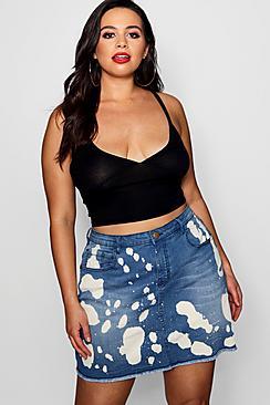 Boohoo Plus Kate Raw Hem Bleach Denim Skirt