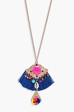 Boohoo Sofia Fringed Pom Pom Shell Necklace