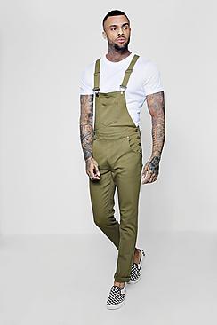 Boohoo Khaki Slim Fit Denim Dungarees