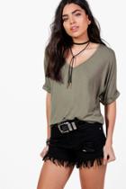 Boohoo Aria Oversized V Neck T Shirt Khaki