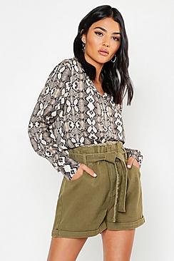 Boohoo Tie Waist Pocket Utility Denim Shorts