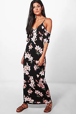 Boohoo Daniella Floral Cold Shoulder Frill Maxi Dress