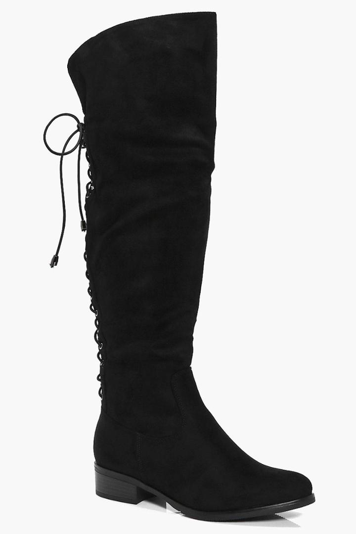 Boohoo Annabel Lace Back Knee Boot Black