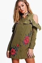 Boohoo Petite Kayla Embroidered Ruffle Off Shoulder Shirt Dress