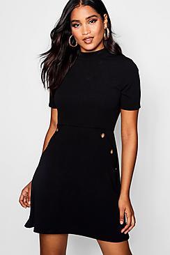 Boohoo Button Detail High Neck Dress