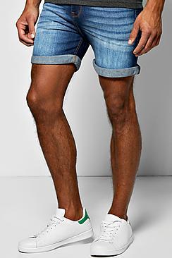 Boohoo Skinny Fit Indigo Wash Denim Shorts In Short Length