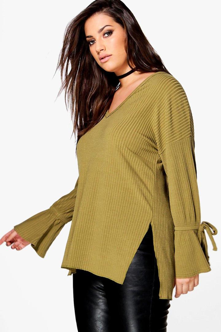Boohoo Plus Iris Knitted Rib Tie Detail Jumper Olive