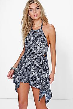 Boohoo Julia Hanky Hem Printed Halterneck Playsuit
