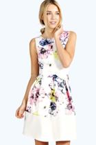 Boohoo Leah Floral Print Low Front Skater Dress Cream
