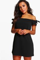 Boohoo Petite Lacey Off The Shoulder Tie Sleeve Shift Dress Black