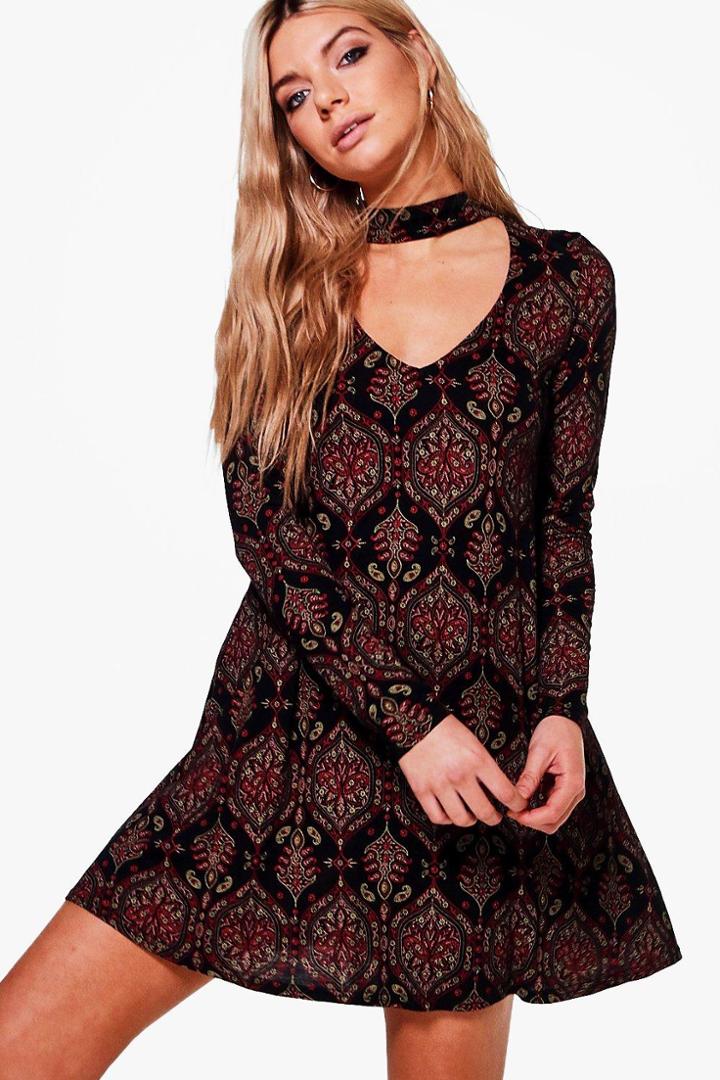 Boohoo Rhea Paisley Choker Swing Dress Multi