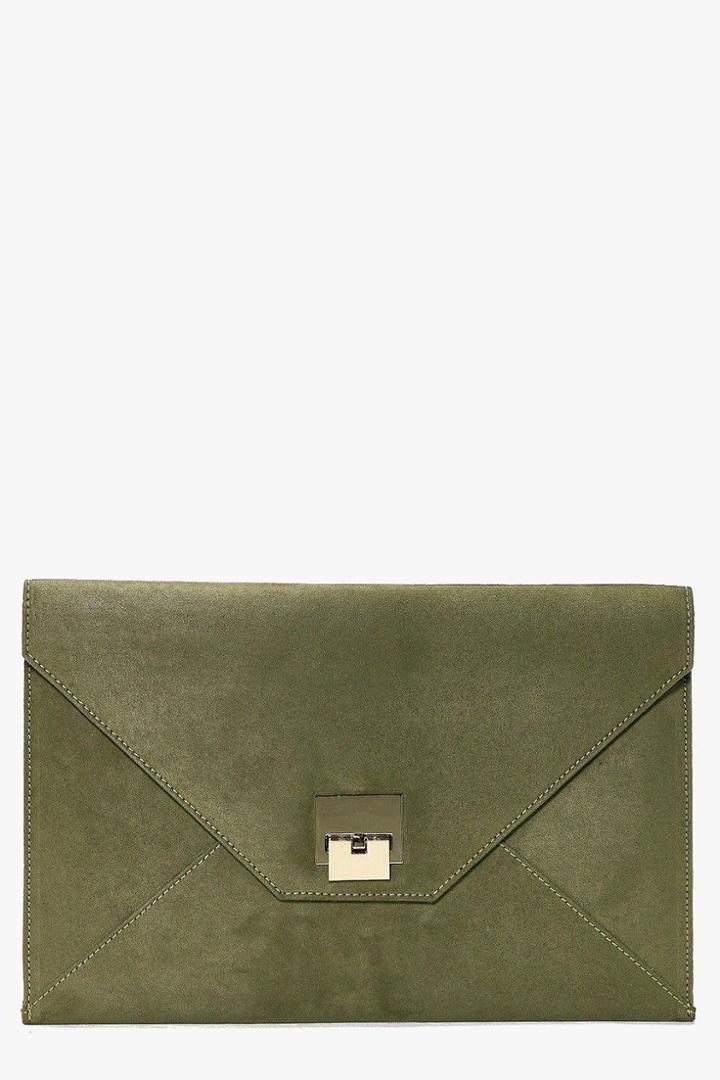 Boohoo Zoe Suedette Metal Detail Envelope Clutch Bag Khaki