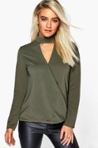 Boohoo Megan Cut Out Neck Wrap Front Top Khaki