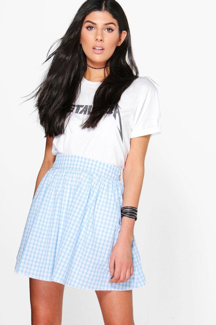 Boohoo Amalia Gingham Woven Skater Skirt Sky