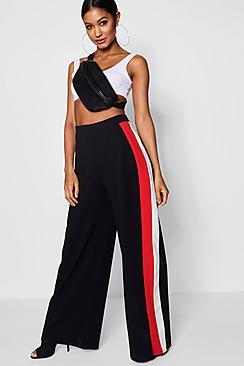 Boohoo Mia Contrast Stripe Wide Leg Crepe Trousers