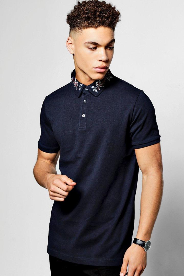 Boohoo Embroidered Collar Polo T-shirt Navy